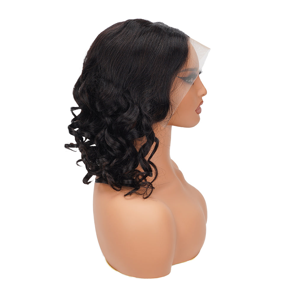 Pixie Curly Natural Black Transparent Full Frontal Bob Wig 100% Human Hair