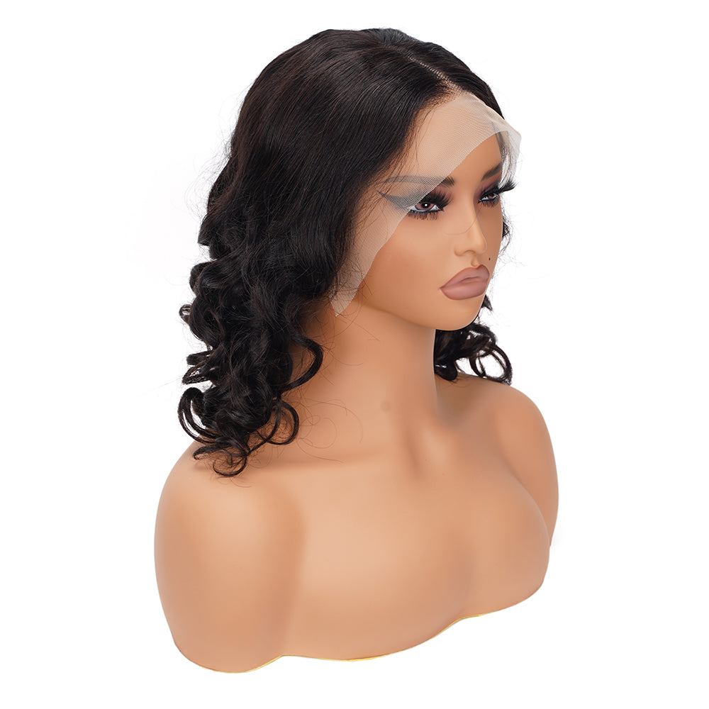 Pixie Curly Natural Black Transparent Full Frontal Bob Wig 100% Human Hair