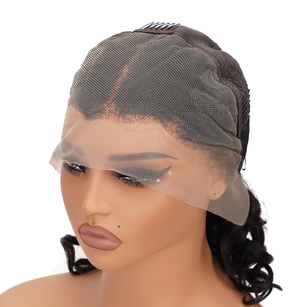Pixie Curly Natural Black Transparent Full Frontal Bob Wig 100% Human Hair