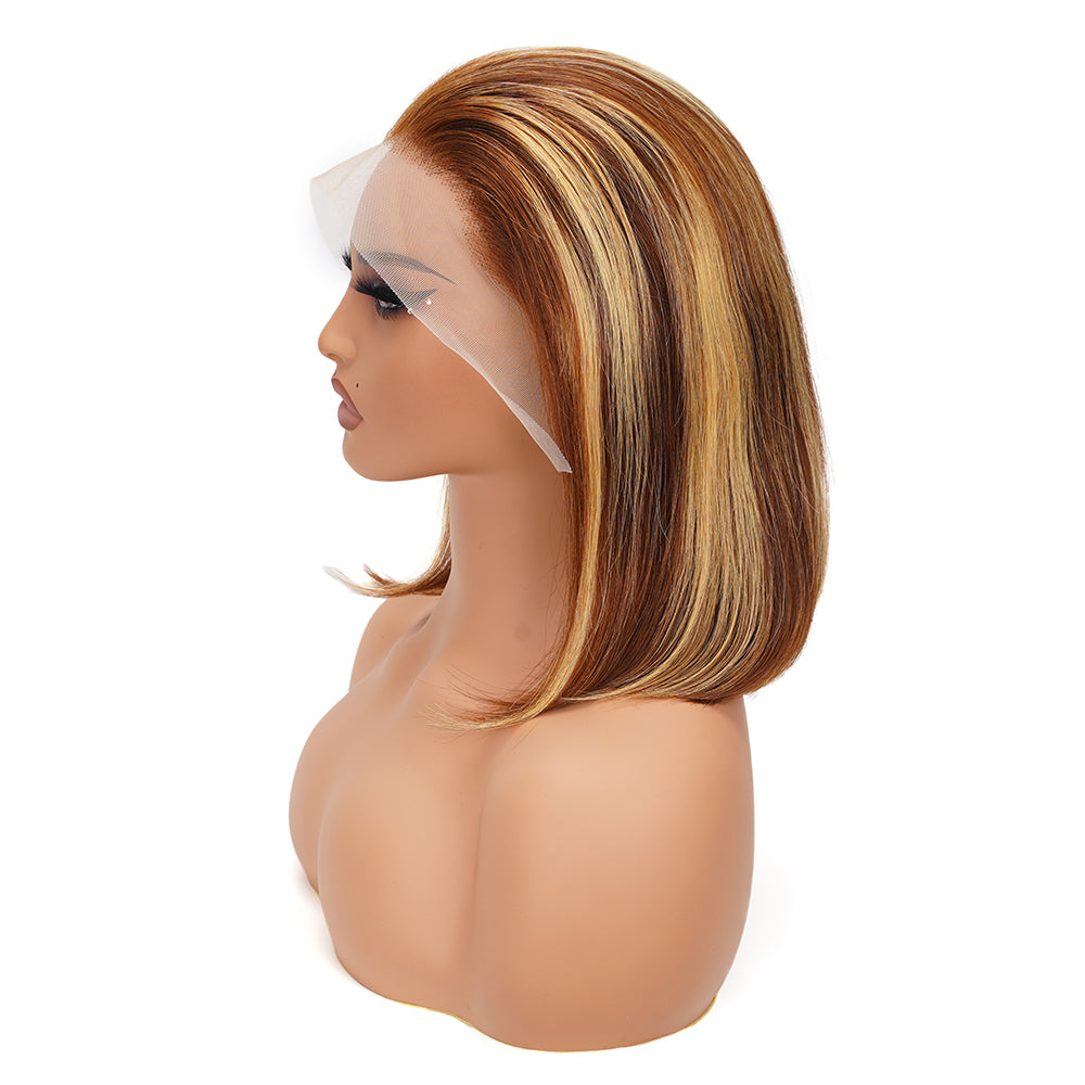 Straight Highlighted Piano Transparent Full Frontal Bob Wig 100% Human Hair
