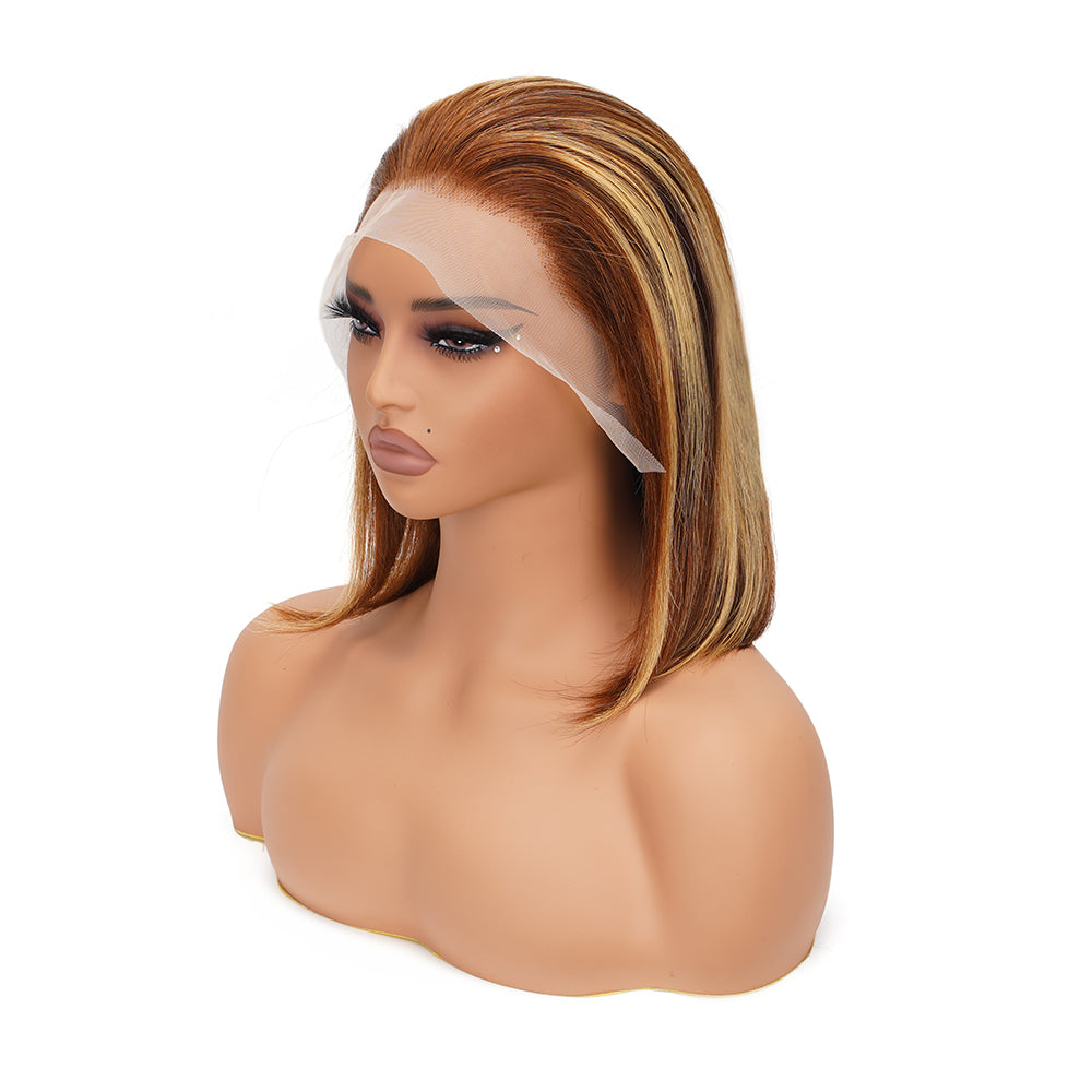 Straight Highlighted Piano Transparent Full Frontal Bob Wig 100% Human Hair