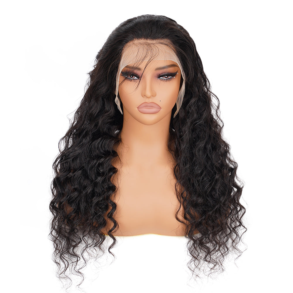 Deep Wave Natural Black Transparent Lace Front Economic Wig 100% Human Hair
