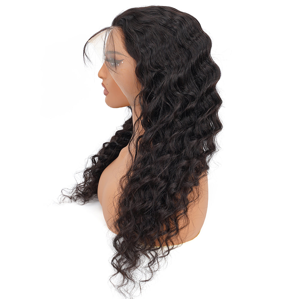 Deep Wave Natural Black Transparent Lace Front Economic Wig 100% Human Hair
