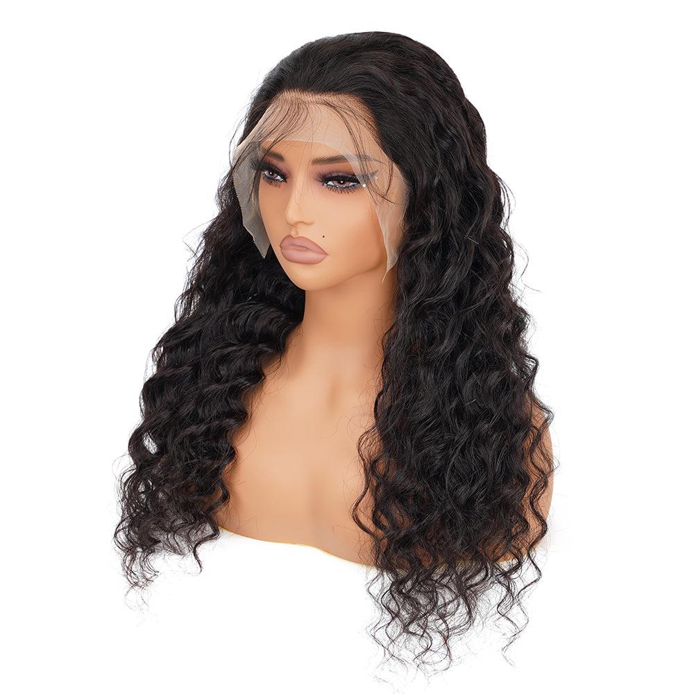 Deep Wave Natural Black Transparent Lace Front Economic Wig 100% Human Hair