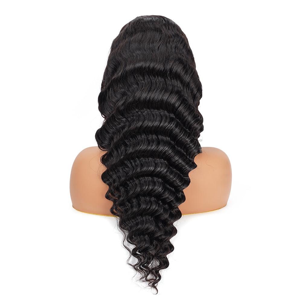 Deep Wave Natural Black Transparent Lace Front Economic Wig 100% Human Hair