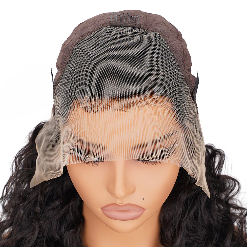 Deep Wave Natural Black Transparent Lace Front Economic Wig 100% Human Hair