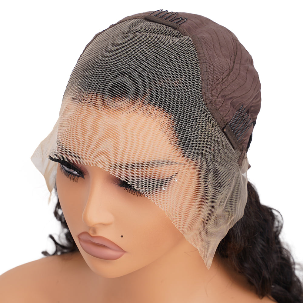 Deep Wave Natural Black Transparent Lace Front Economic Wig 100% Human Hair