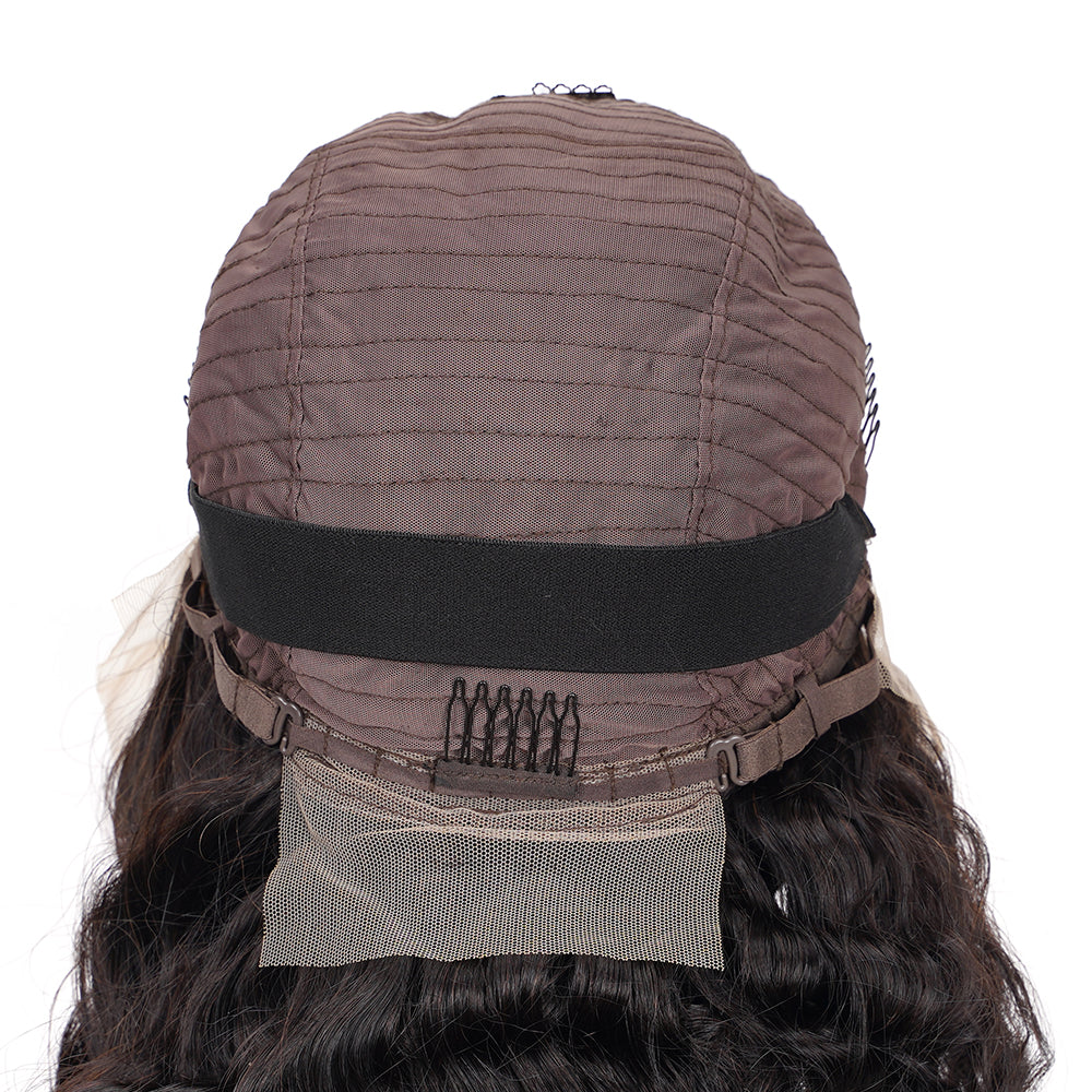 Deep Wave Natural Black Transparent Lace Front Economic Wig 100% Human Hair