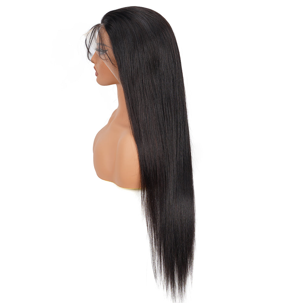 Straight Natural Black Transparent Lace Front Economic Wig 100% Human Hair