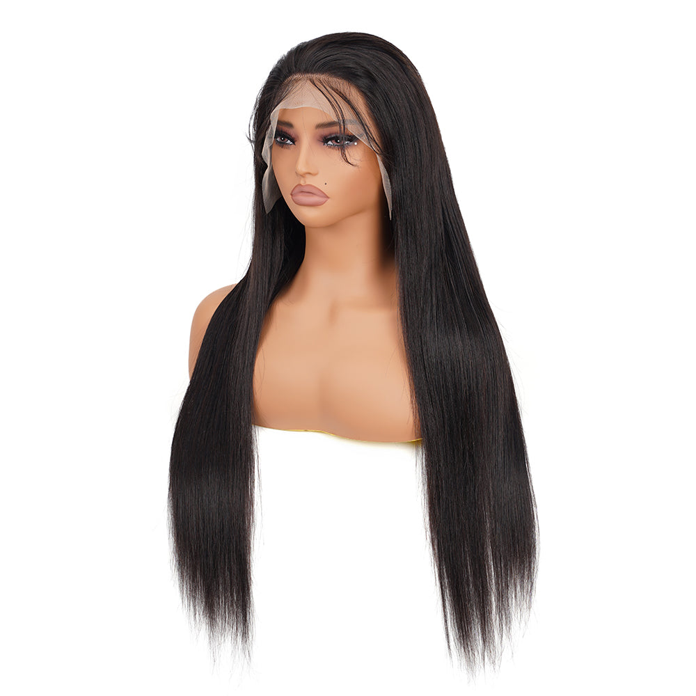 Straight Natural Black Transparent Lace Front Economic Wig 100% Human Hair