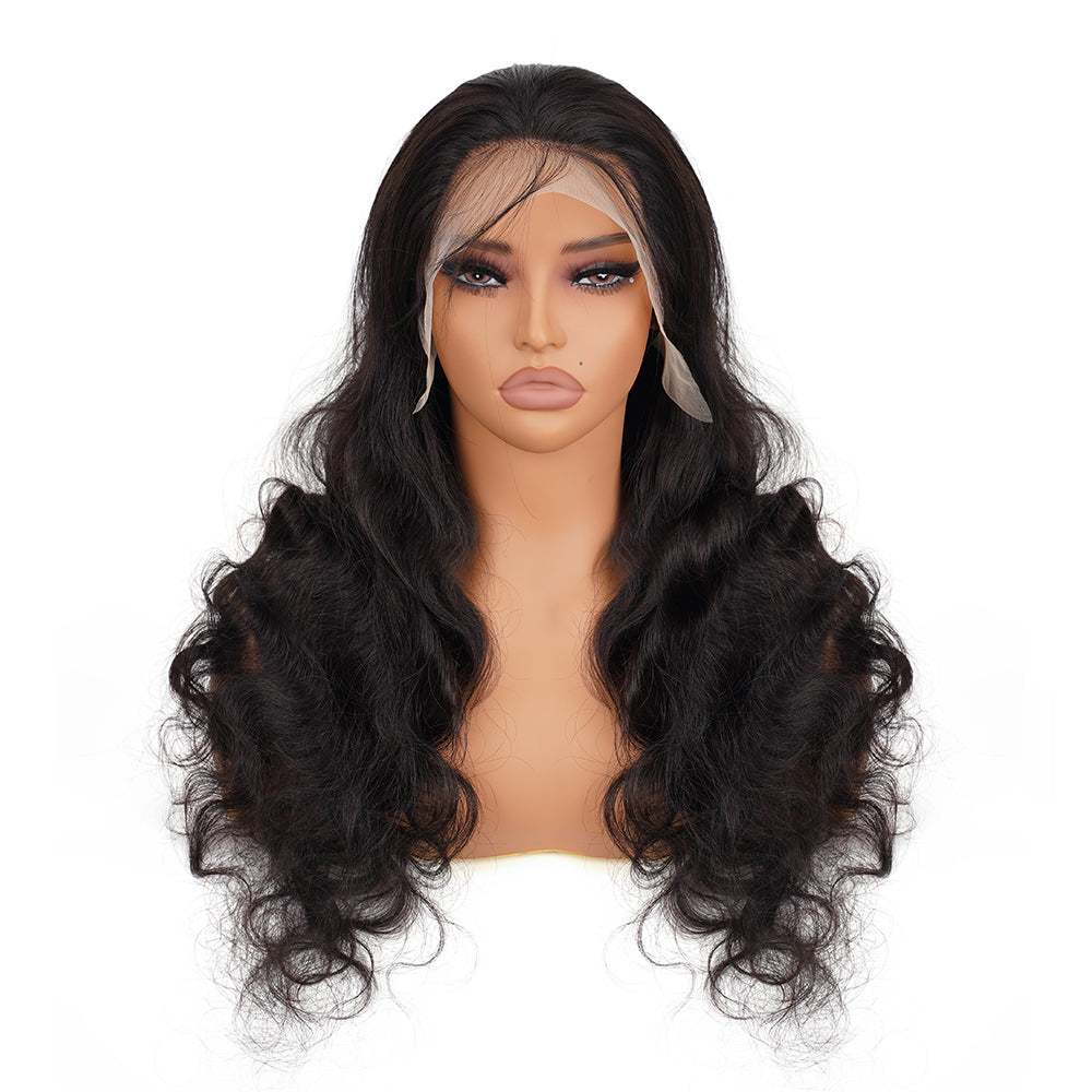 Body Wave Natural Black Transparent Lace Front Economic Wig 100% Human Hair