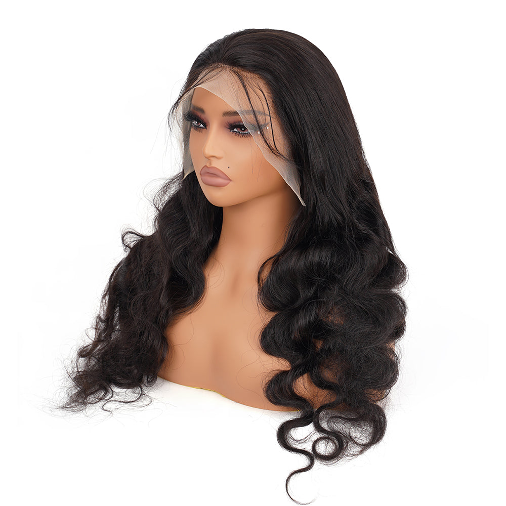 Body Wave Natural Black Transparent Lace Front Economic Wig 100% Human Hair
