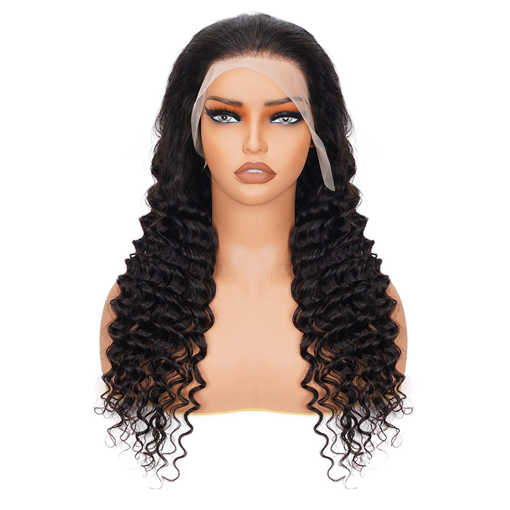 Deep Wave Natural Black Wig Transparent Full Frontal 13*4 100% Human Hair
