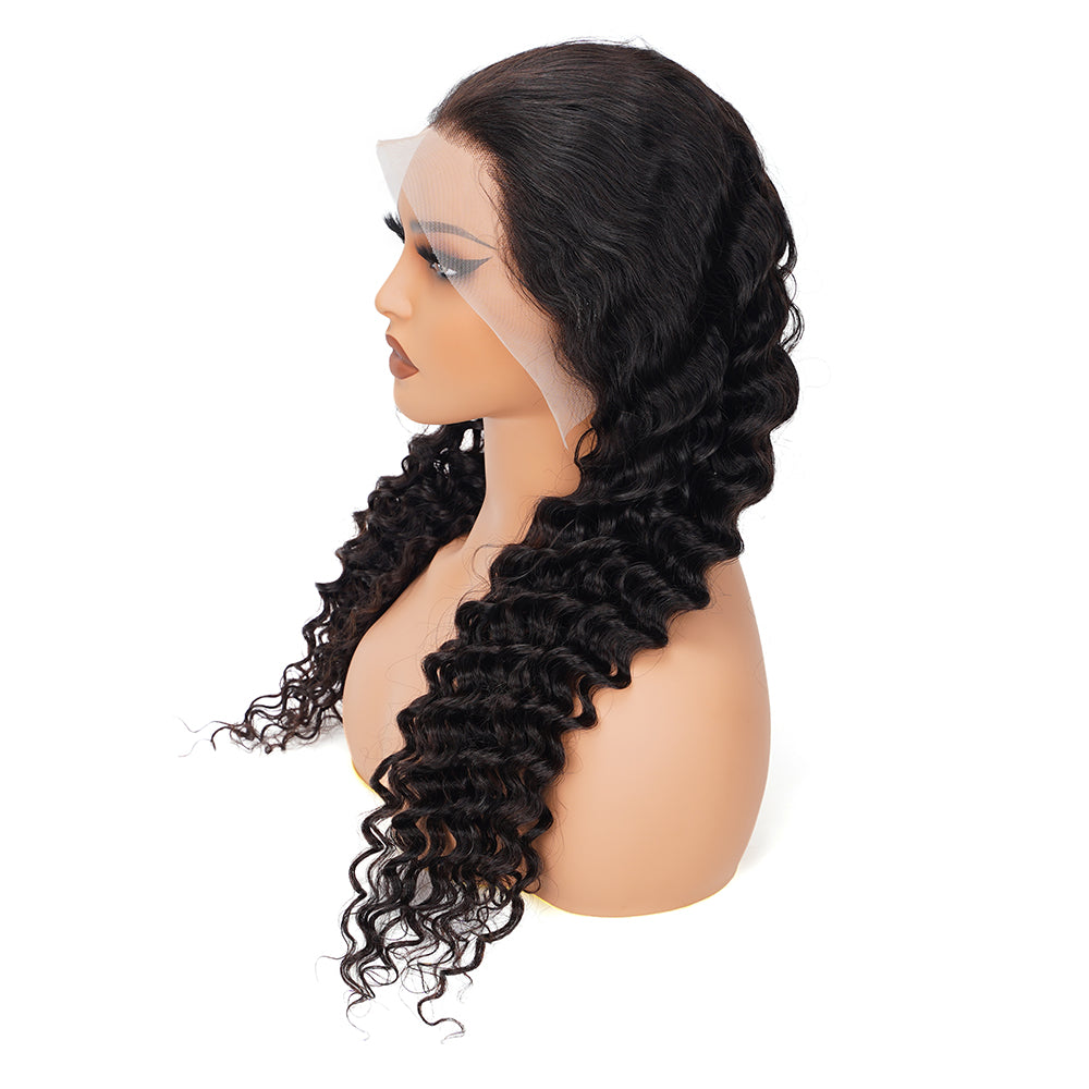 Deep Wave Natural Black Wig Transparent Full Frontal 13*4 100% Human Hair