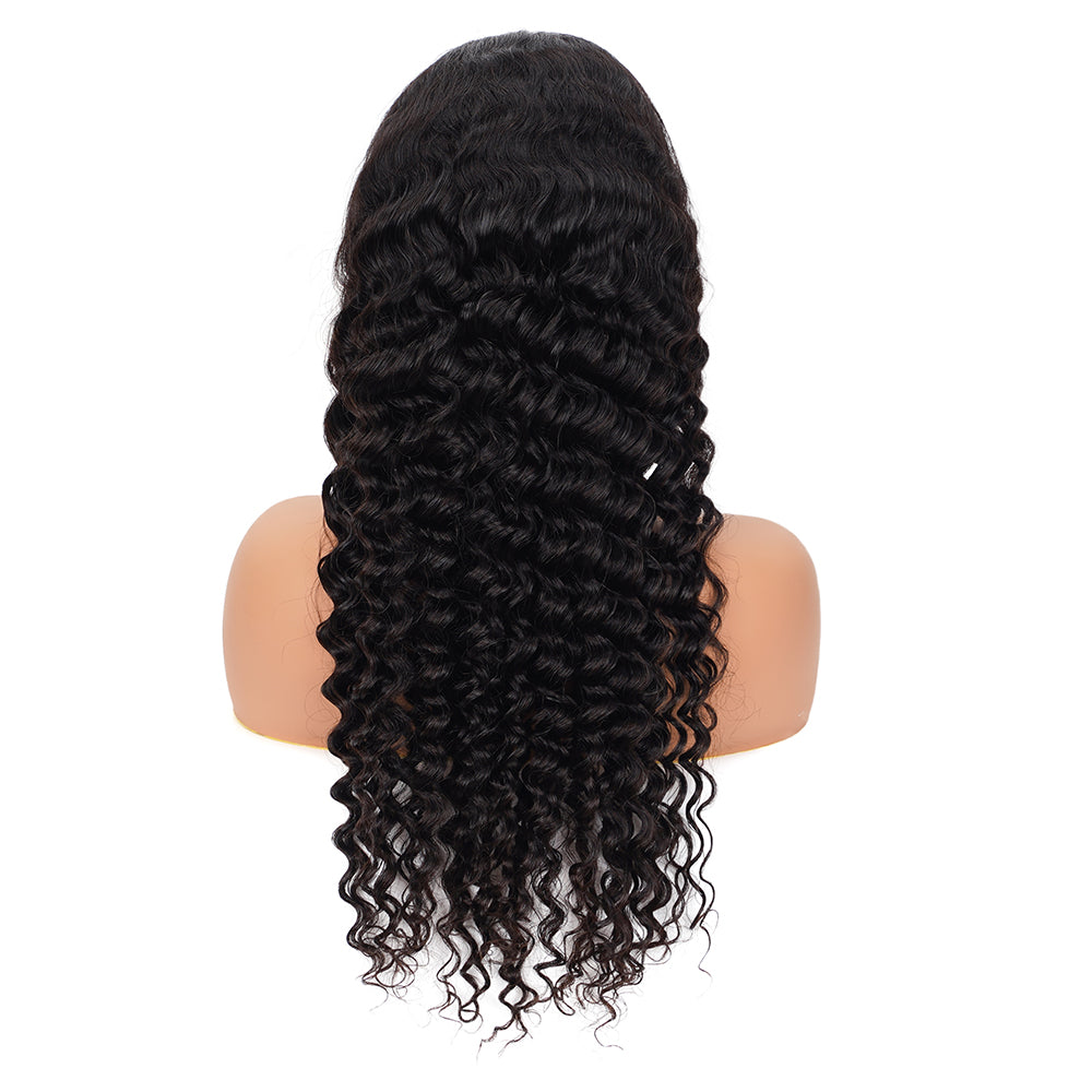 Deep Wave Natural Black Wig Transparent Full Frontal 13*4 100% Human Hair