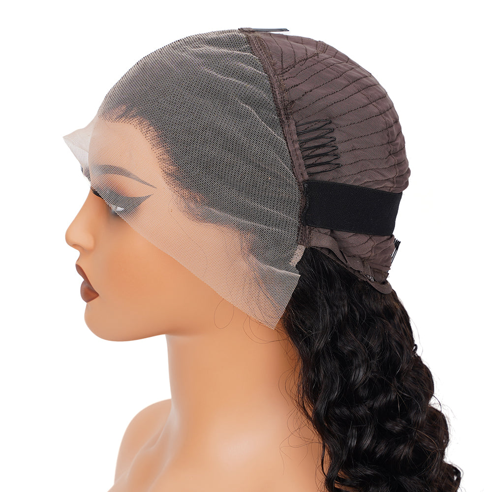 Deep Wave Natural Black Wig Transparent Full Frontal 13*4 100% Human Hair