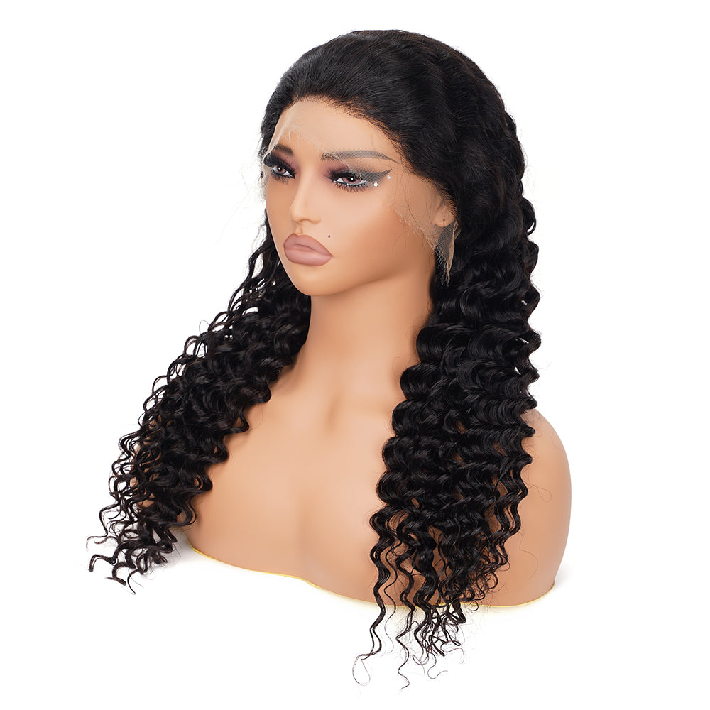 Deep Wave Natural Black Wig HD Full Frontal 13*4 100% Human Hair