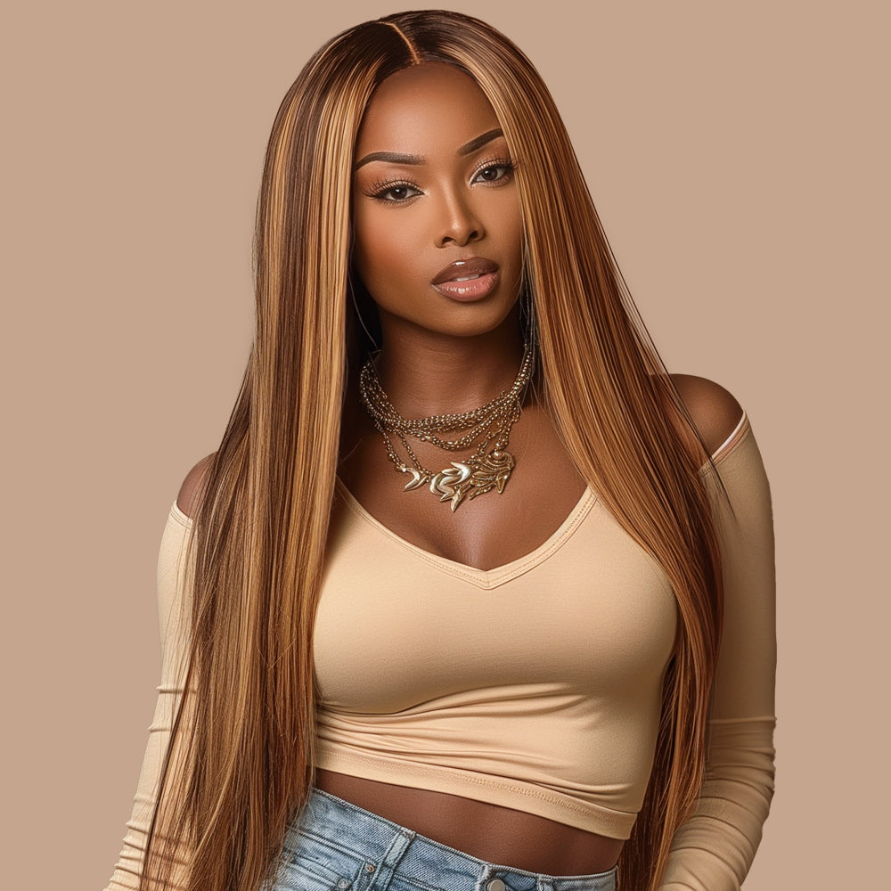 Straight Highlighted Piano Wig Transparent Lace Closure 4*4 100% Human Hair