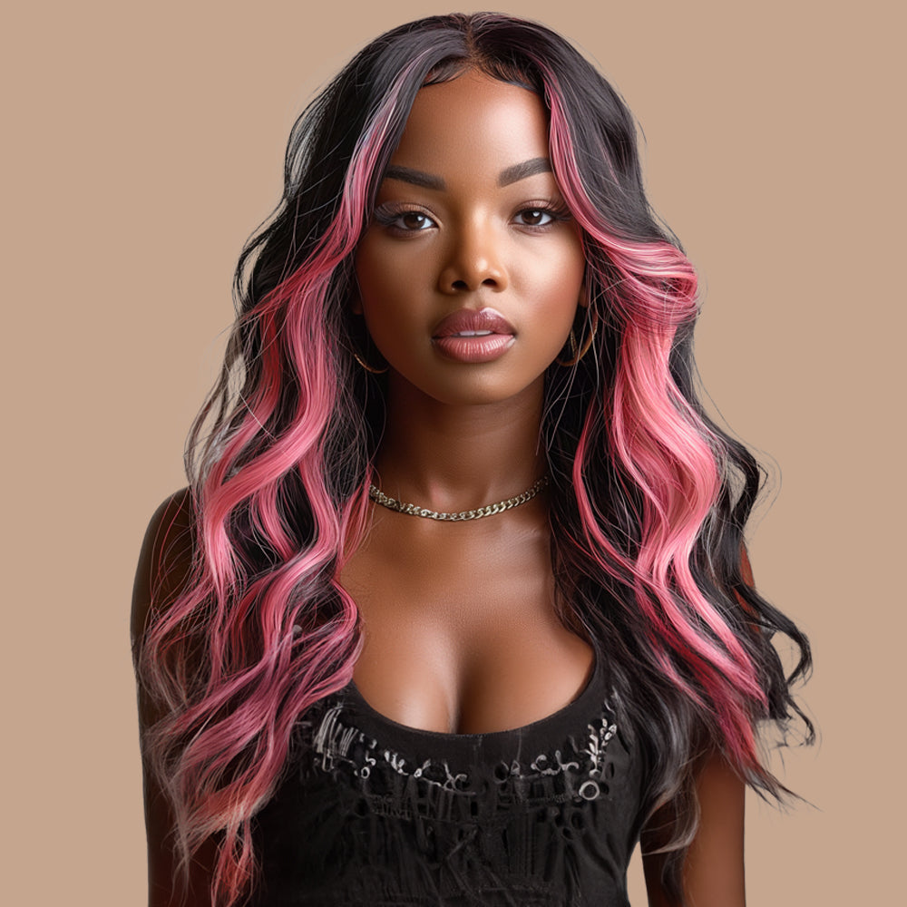 Body Wave Pink Highlight Full Frontal Wig 13*6 100% Human Hair