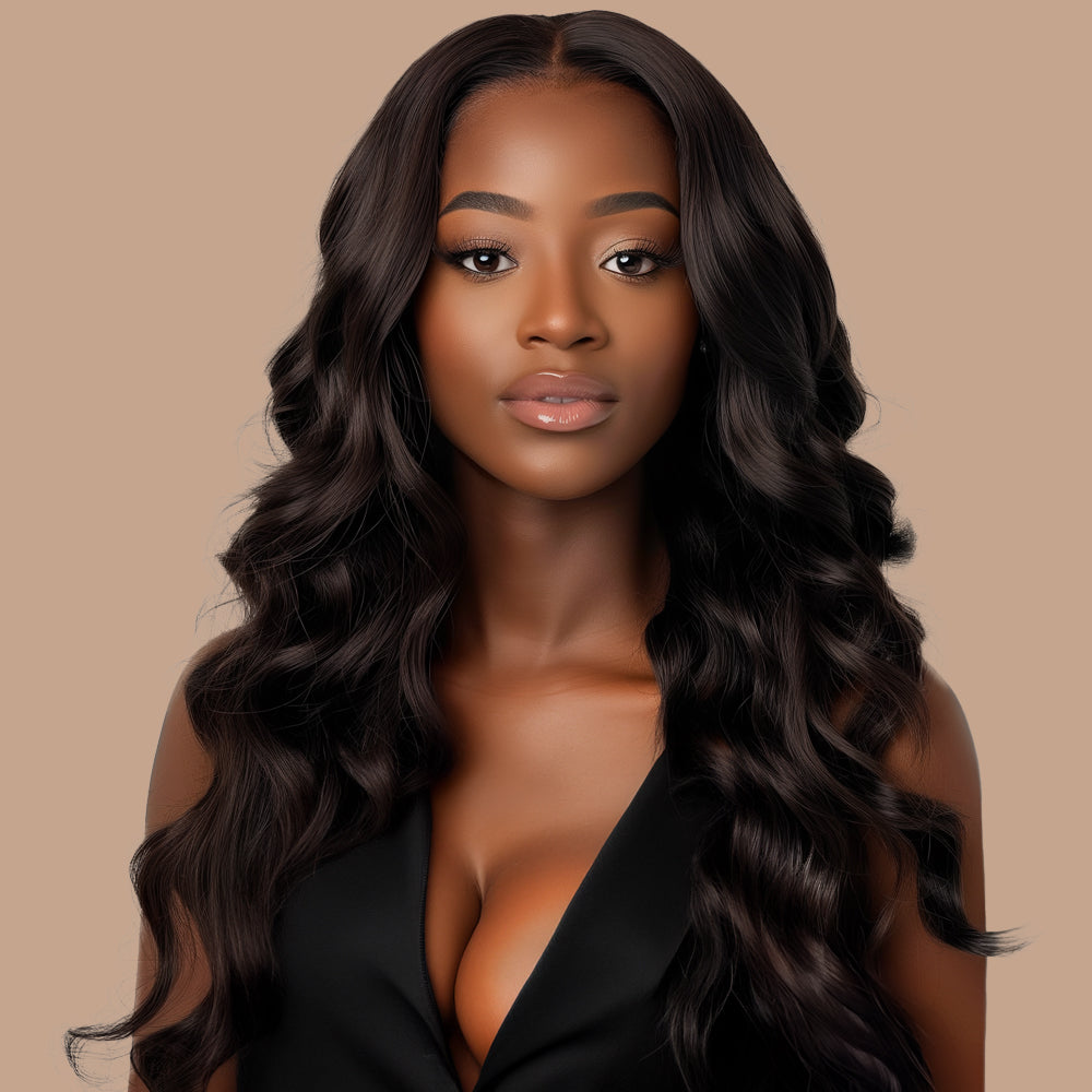 Loose Wave Natural Black Transparent Lace Front Economic Wig 100% Human Hair