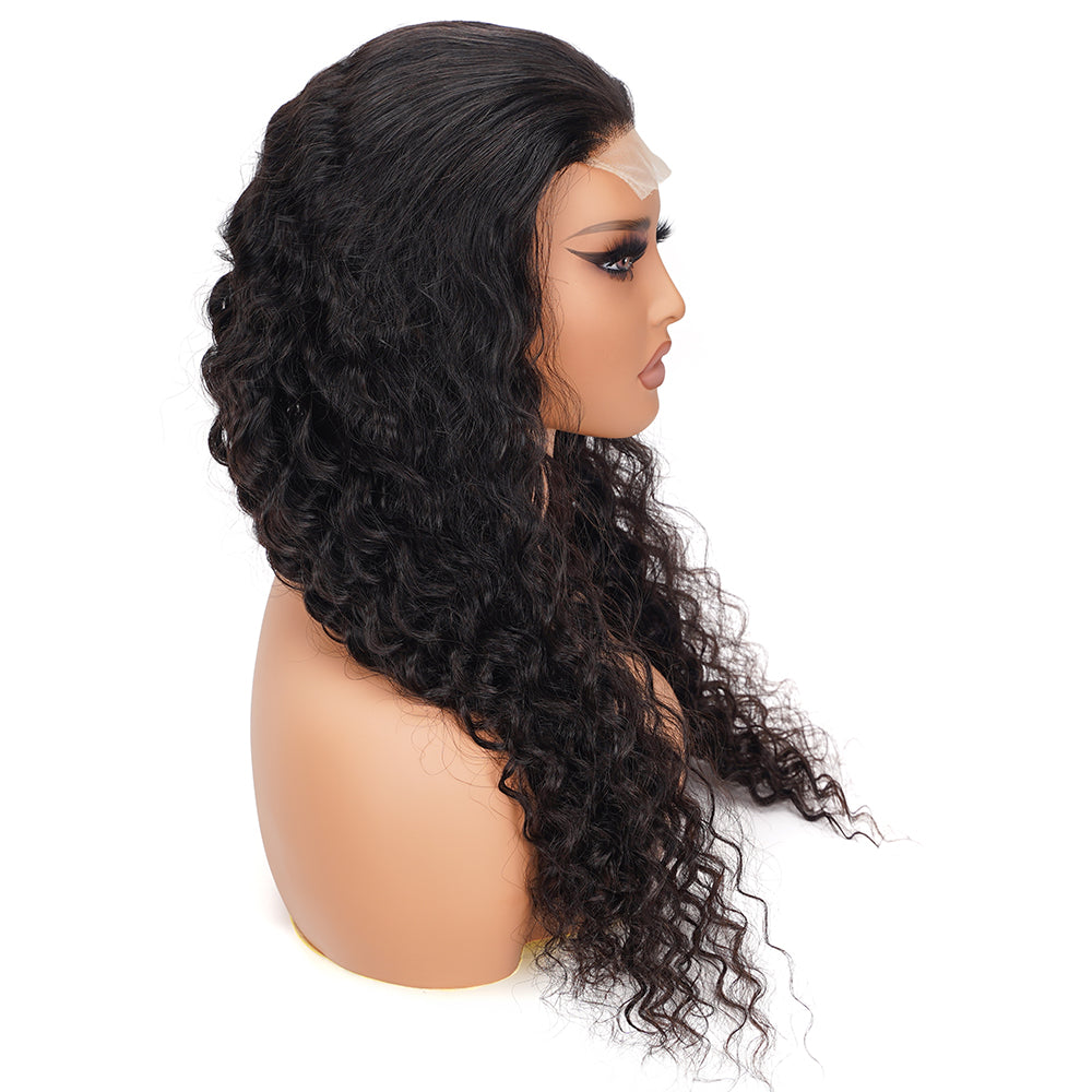 Deep Wave Natural Black Wig Transparent Lace Closure 4*4 100% Human Hair