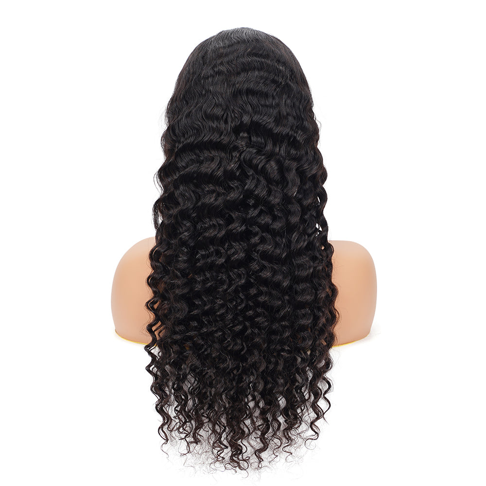 Deep Wave Natural Black Wig Transparent Lace Closure 4*4 100% Human Hair
