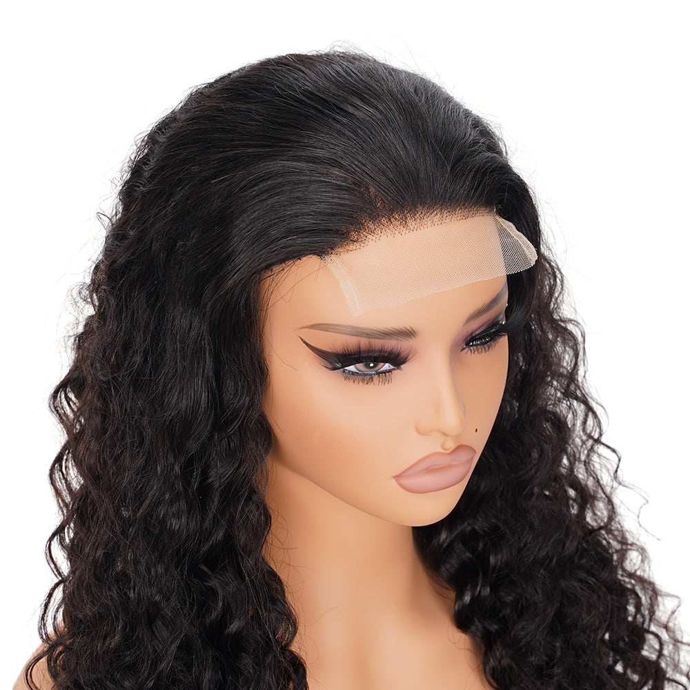Deep Wave Natural Black Wig Transparent Lace Closure 4*4 100% Human Hair