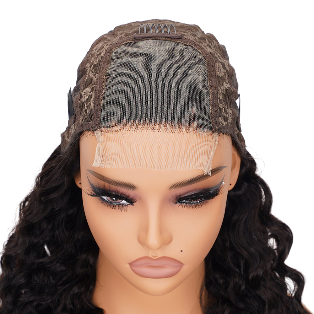 Deep Wave Natural Black Wig Transparent Lace Closure 4*4 100% Human Hair