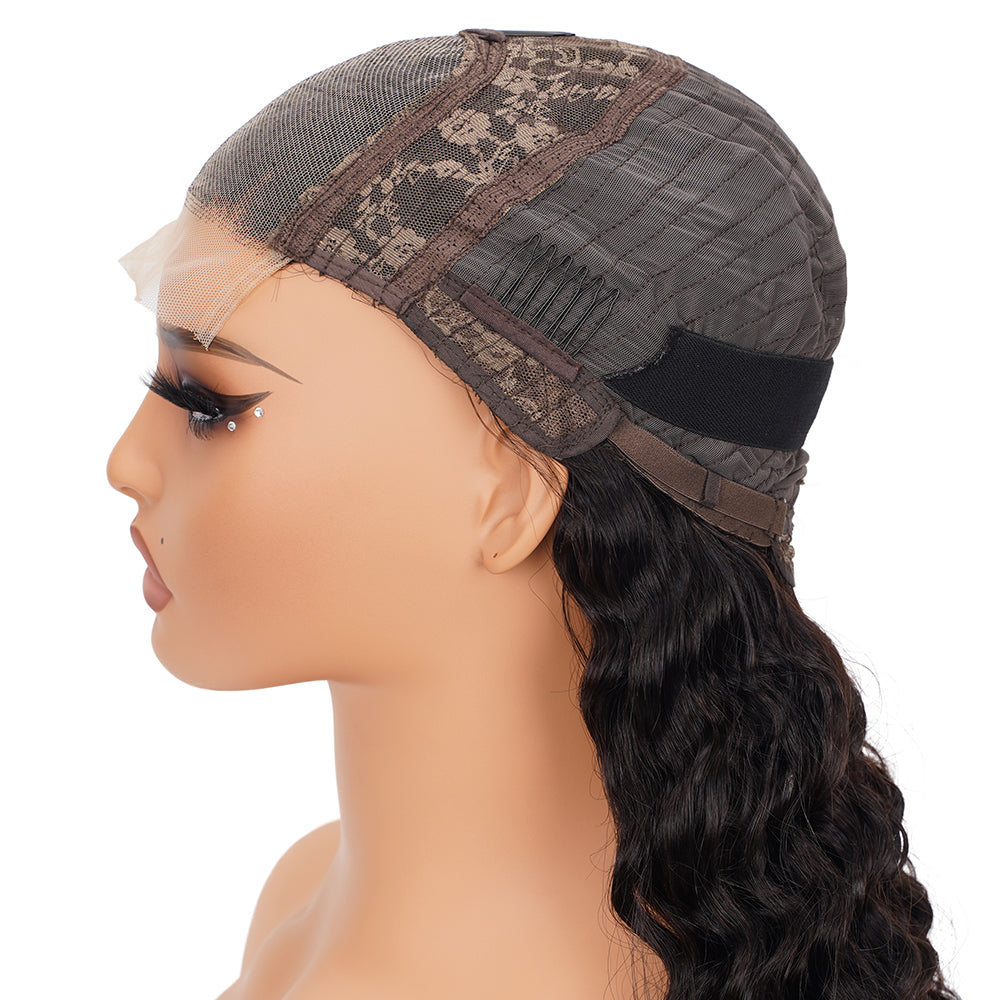 Deep Wave Natural Black Wig Transparent Lace Closure 4*4 100% Human Hair