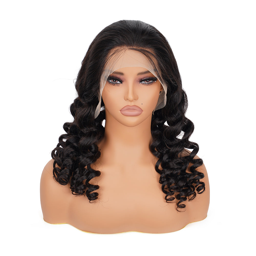 Loose Deep Natural Black Transparent Lace Front Economic Wig 100% Human Hair