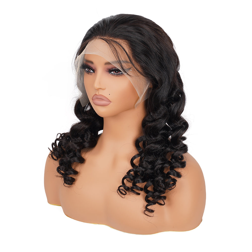 Loose Wave Natural Black Transparent Lace Front Economic Wig 100% Human Hair