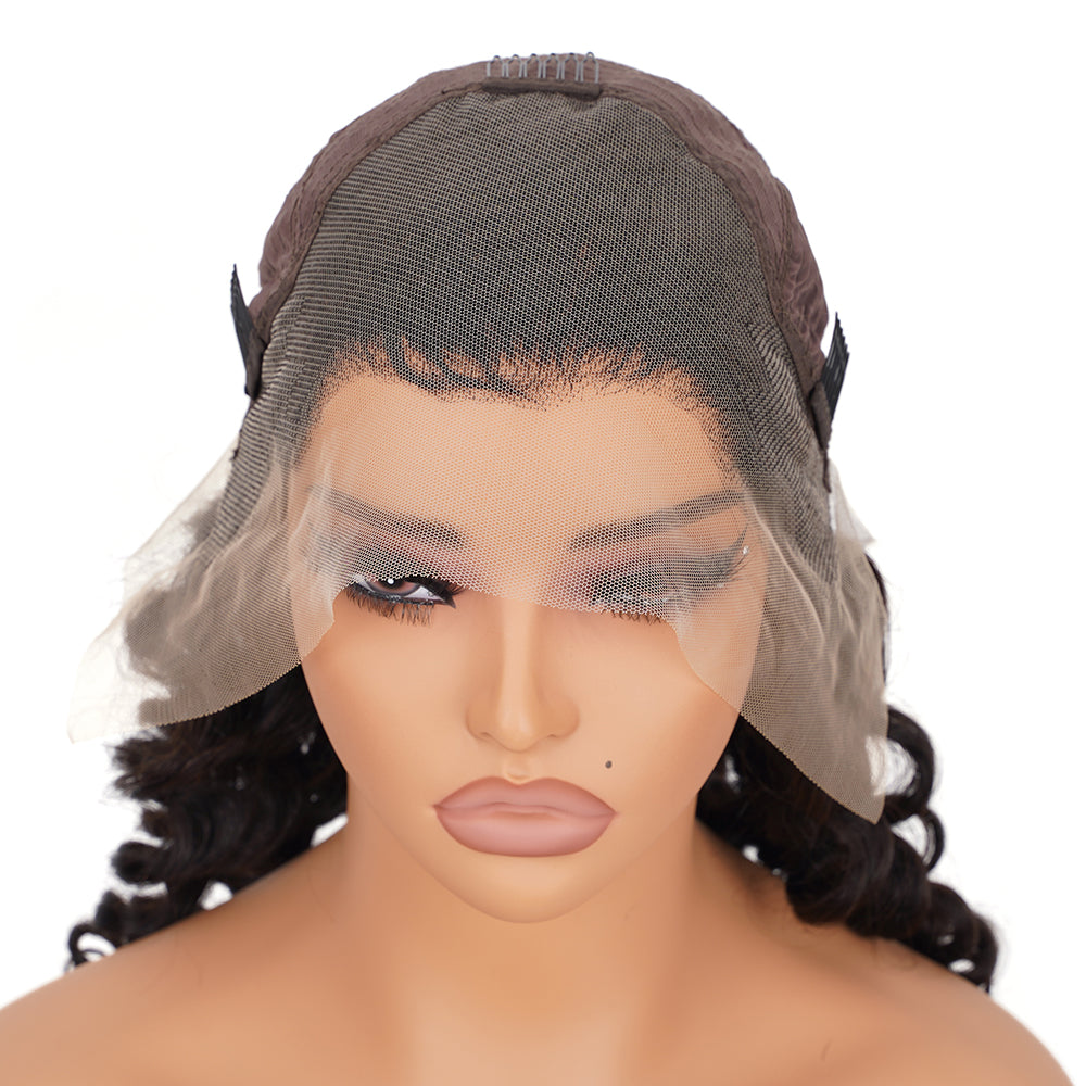 Loose Wave Natural Black Transparent Lace Front Economic Wig 100% Human Hair