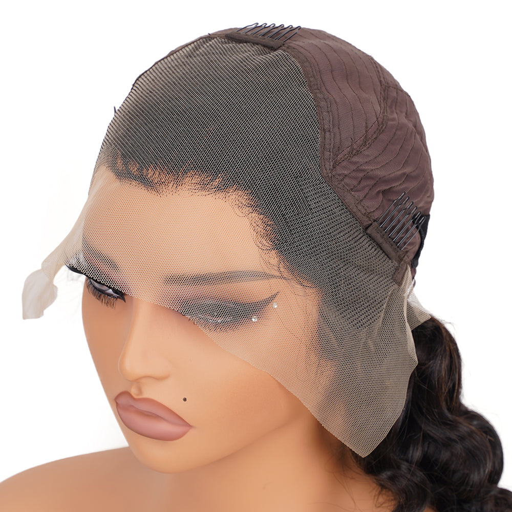 Loose Wave Natural Black Transparent Lace Front Economic Wig 100% Human Hair