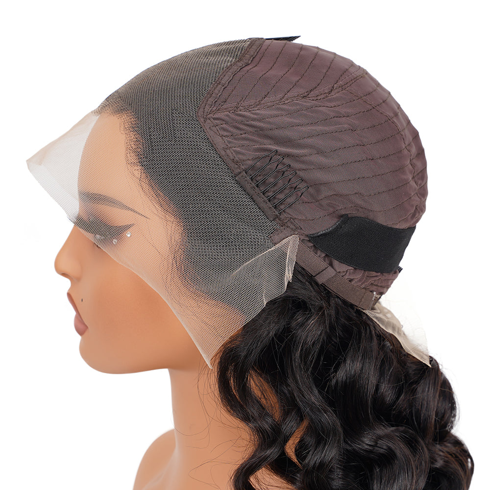 Loose Wave Natural Black Transparent Lace Front Economic Wig 100% Human Hair