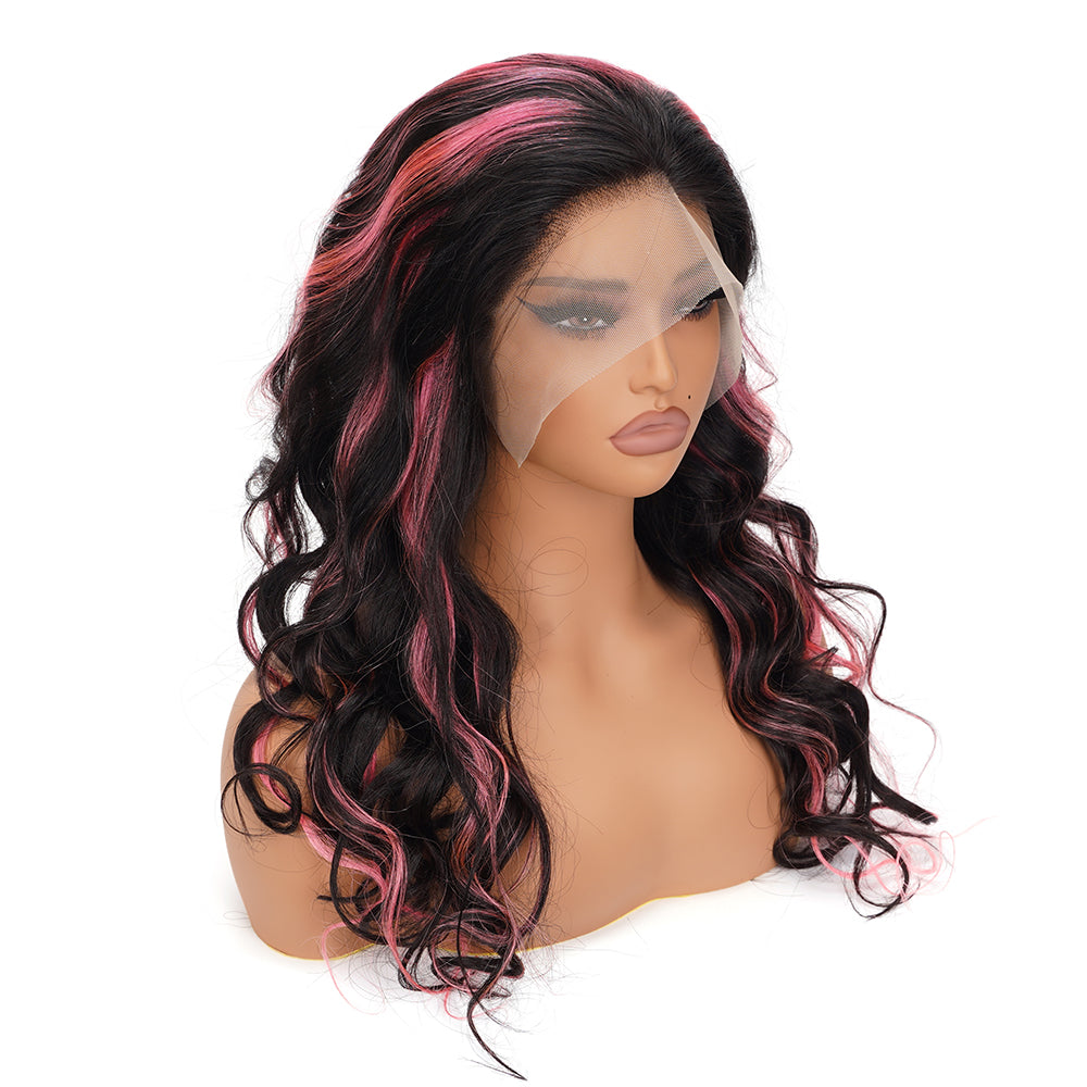 Body Wave Pink Highlight Full Frontal Wig 13*6 100% Human Hair
