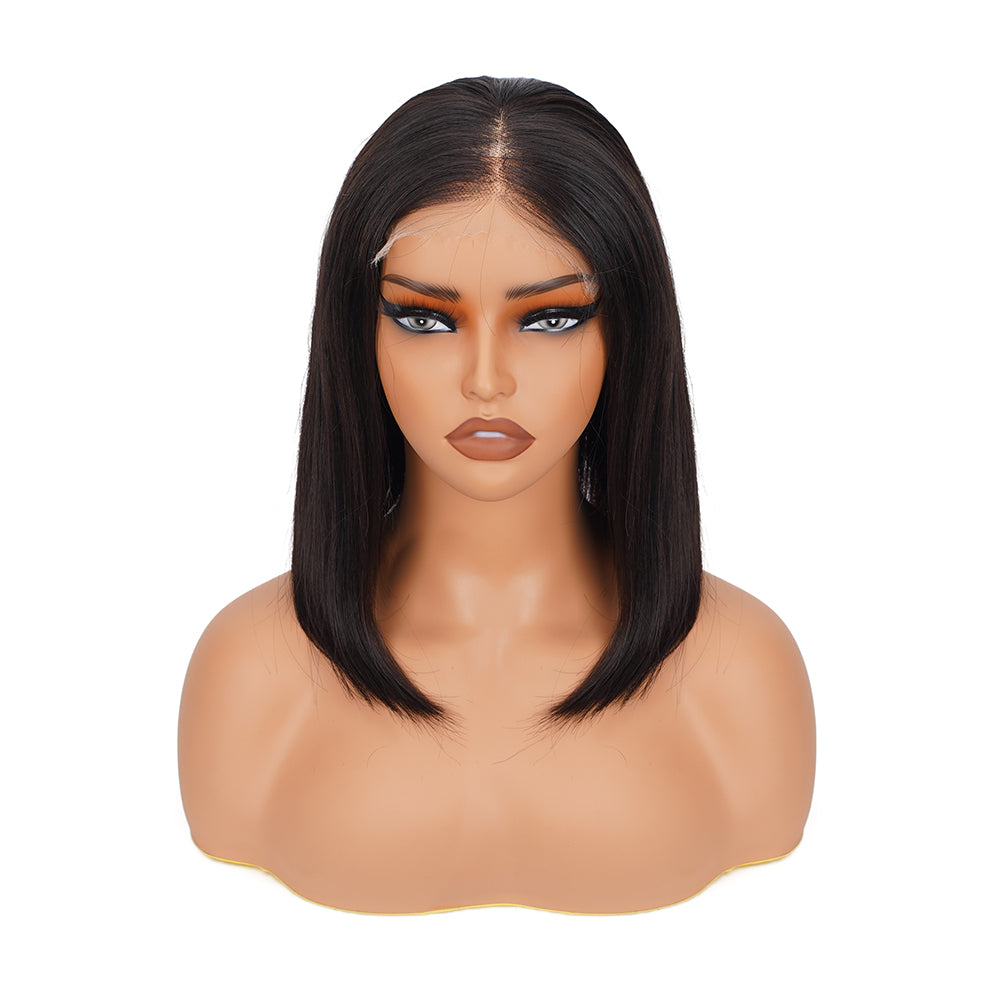 Straight Natural Black Bob Wig HD Lace Closure 4*4, 100% Human Hair