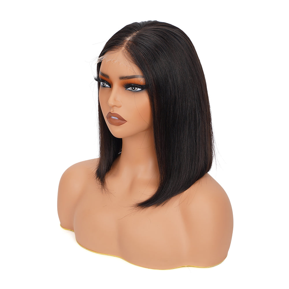 Straight Natural Black Bob Wig HD Lace Closure 4*4, 100% Human Hair