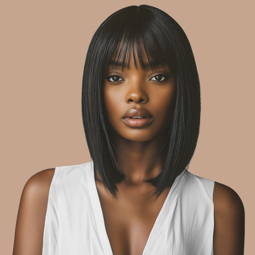 Straight Natural Black Bob Bang Wig 100% Human Hair