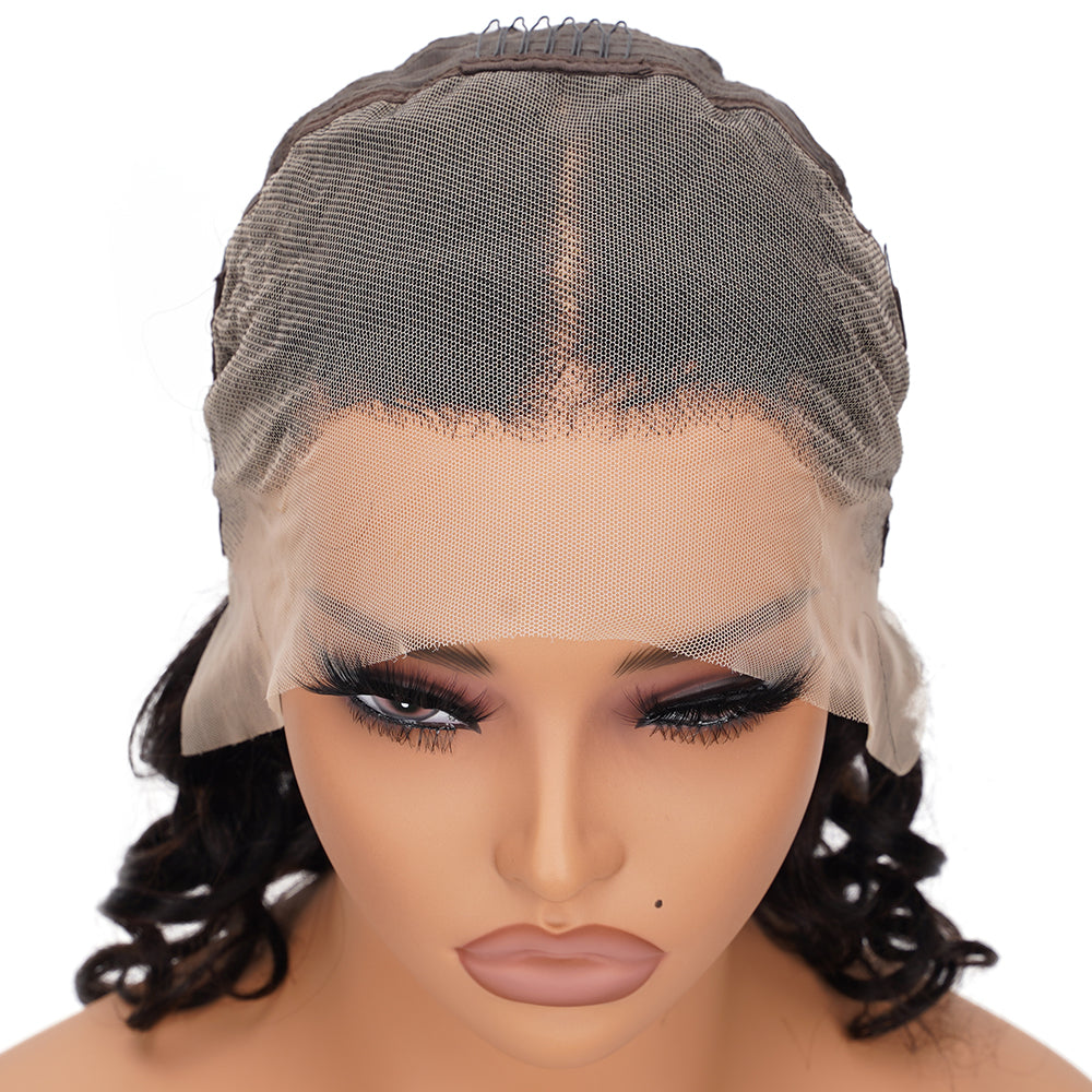 Pixie Curly Natural Black Transparent Full Frontal Bob Wig 100% Human Hair