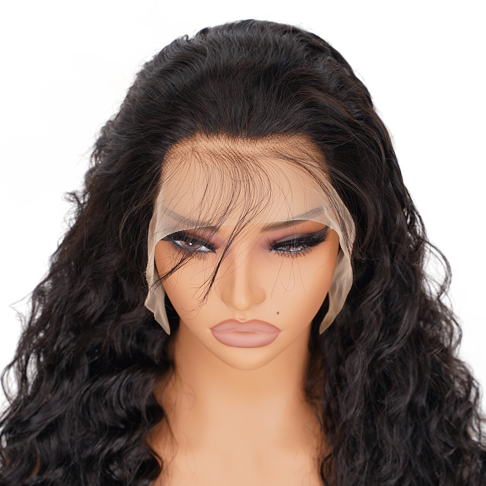 Deep Wave Natural Black Transparent Lace Front Economic Wig 100% Human Hair