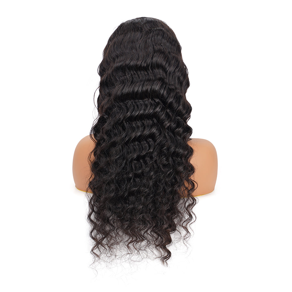 Deep Wave Natural Black Transparent Lace Front Economic Wig 100% Human Hair