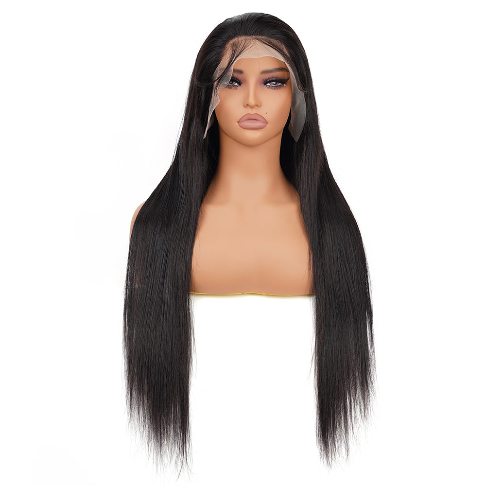 Straight Natural Black Transparent Lace Front Economic Wig 100% Human Hair