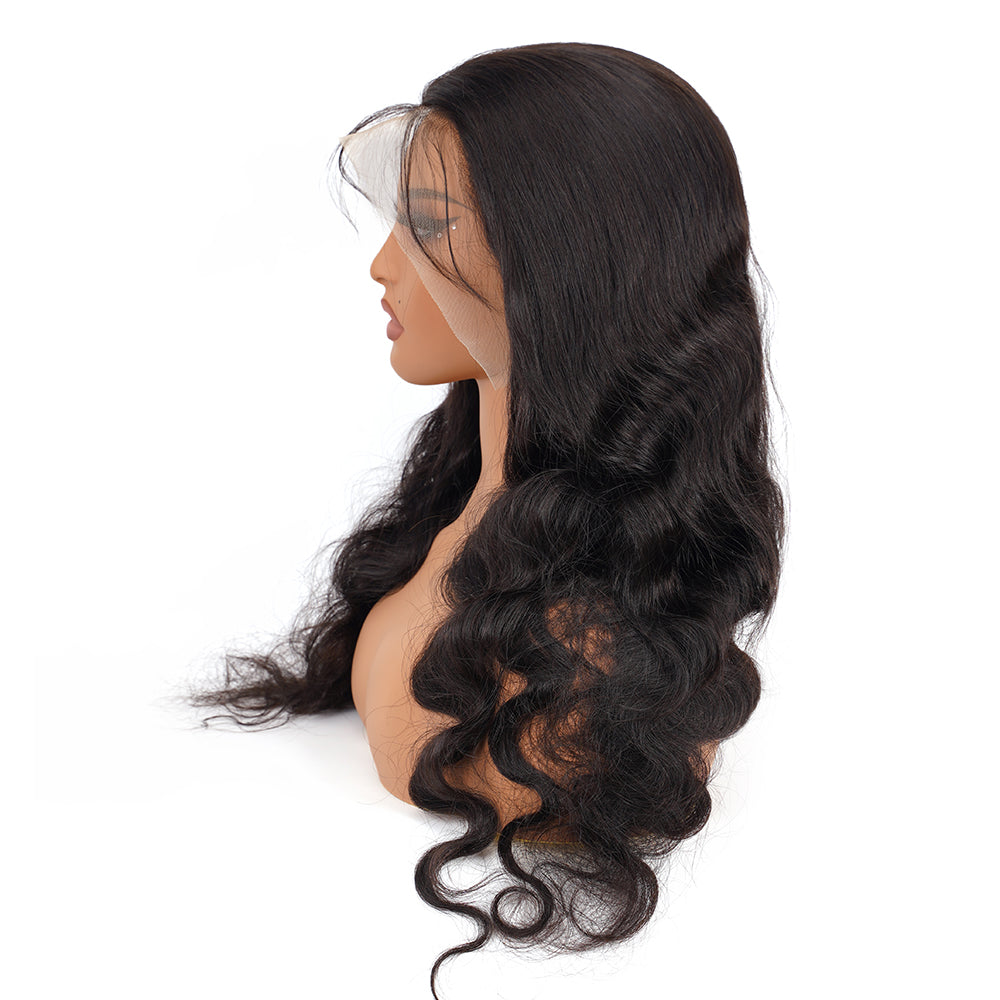Body Wave Natural Black Transparent Lace Front Economic Wig 100% Human Hair