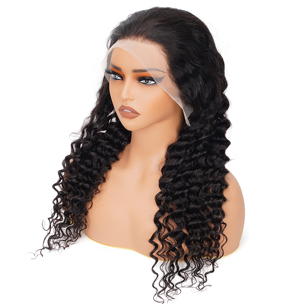 Deep Wave Natural Black Wig Transparent Full Frontal 13*4 100% Human Hair