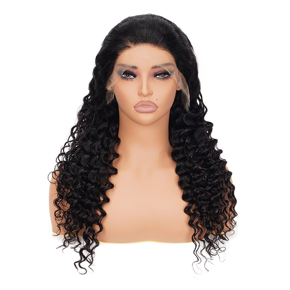Deep Wave Natural Black Wig HD Full Frontal 13*4 100% Human Hair