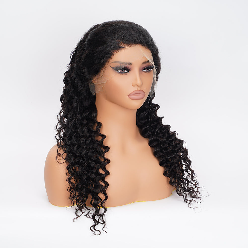 Deep Wave Natural Black Wig HD Full Frontal 13*4 100% Human Hair