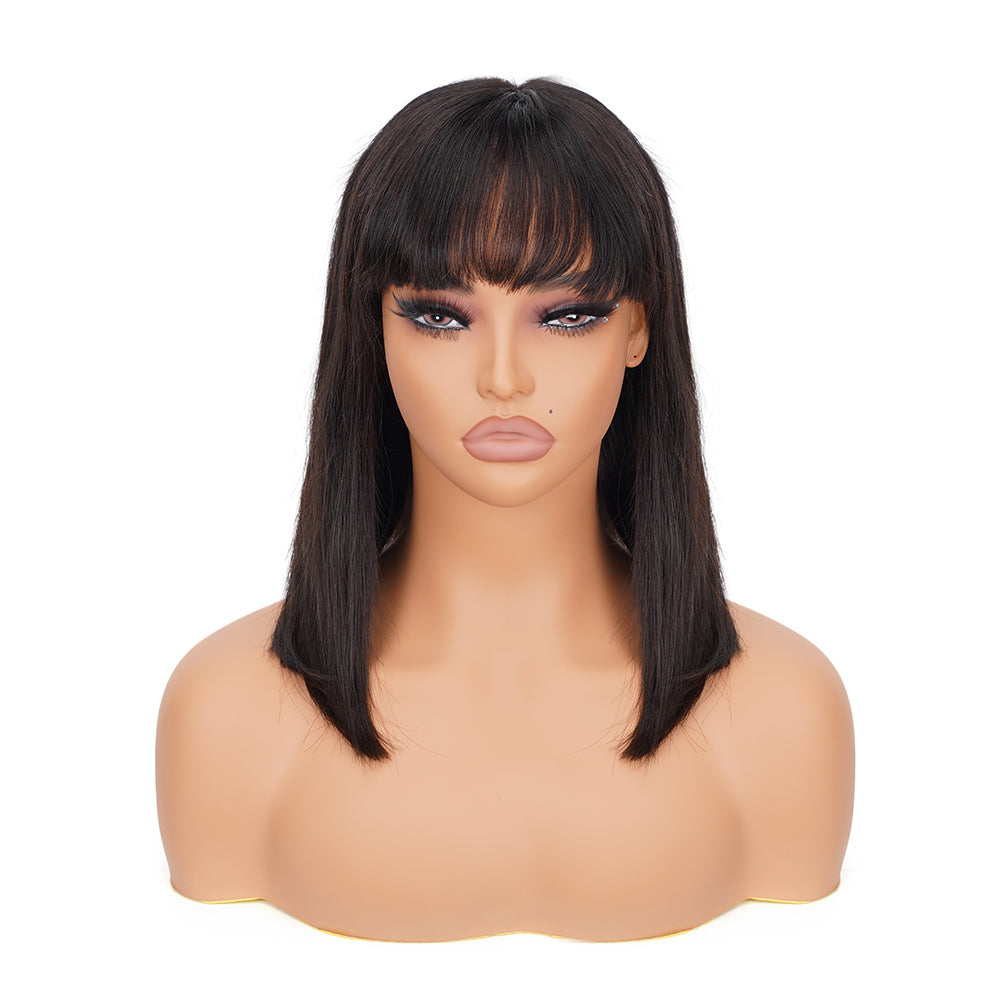 Straight Natural Black Bob Bang Wig 100% Human Hair