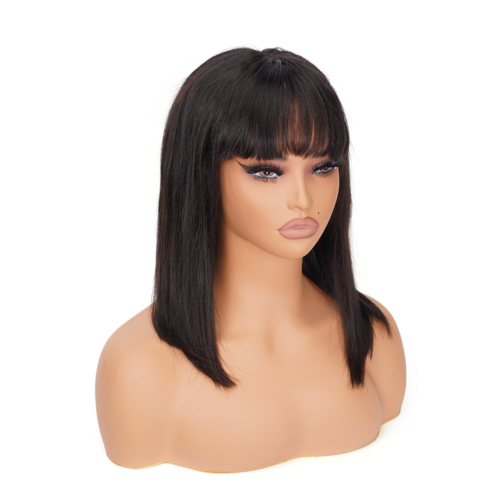 Straight Natural Black Bob Bang Wig 100% Human Hair