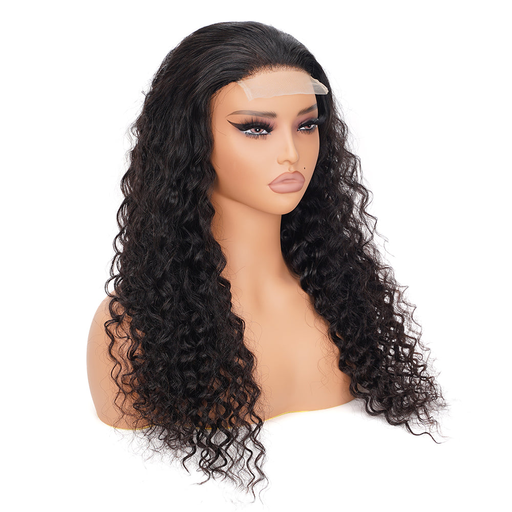 Deep Wave Natural Black Wig Transparent Lace Closure 4*4 100% Human Hair