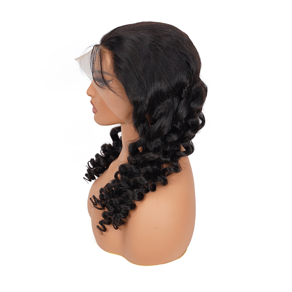 Loose Wave Natural Black Transparent Lace Front Economic Wig 100% Human Hair
